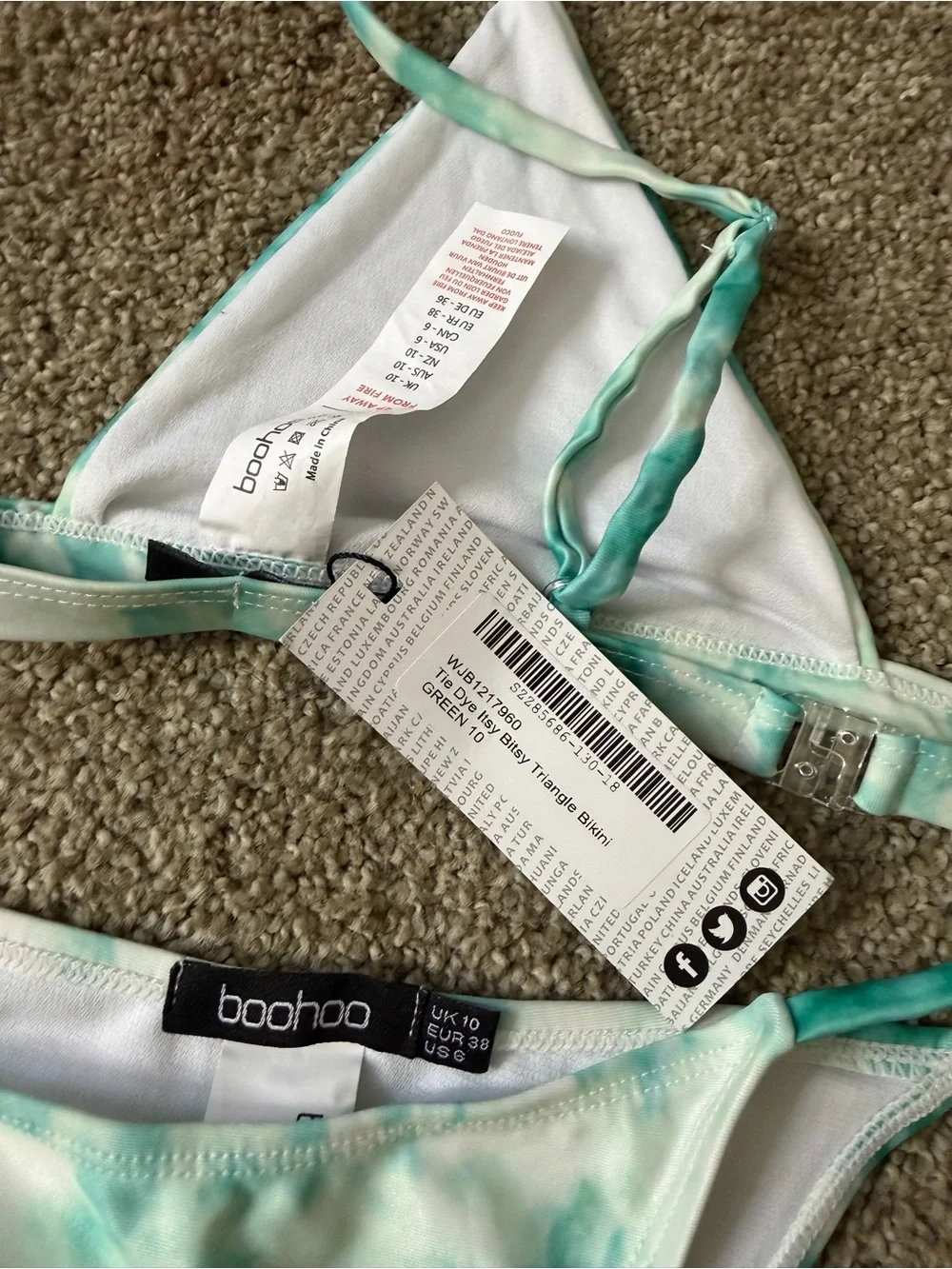 Boohoo Teal and White Tie-Dye Triangle Bikini Set